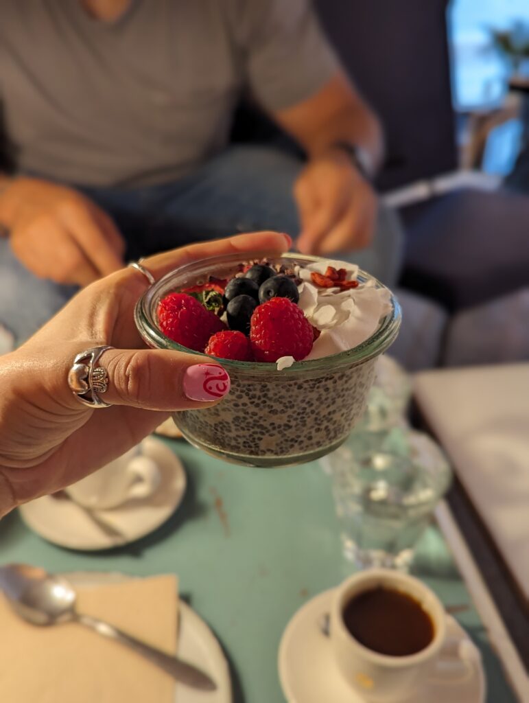 a pot of berries and chia seeds.