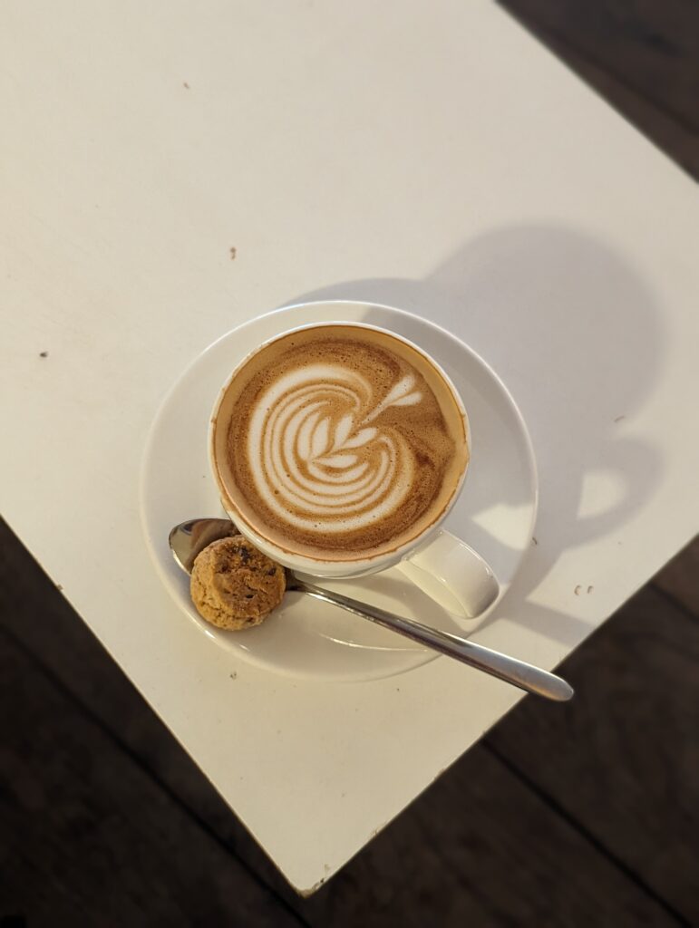 an oat flat white perfectly poured with a biscuit on the side.