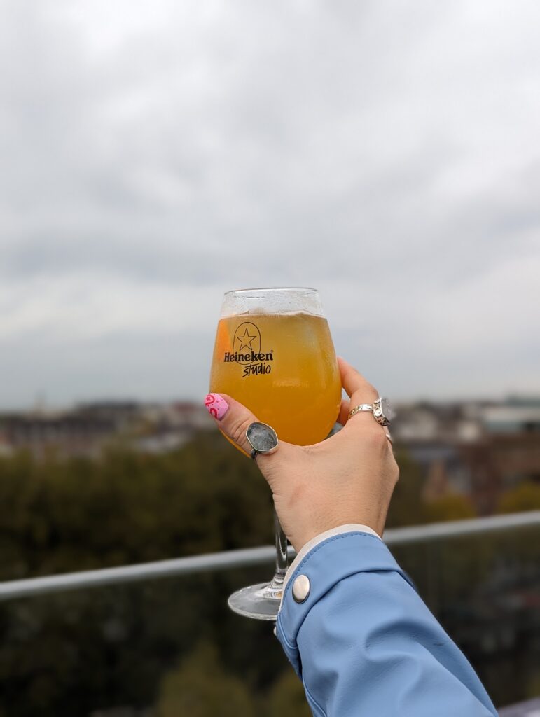 A beer cocktail on a rooftop.